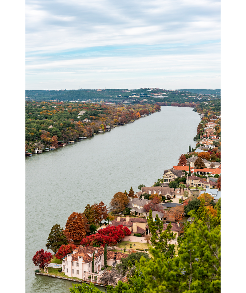 Beautiful fall colors line Lake Austin as seen from Mount Bonnell